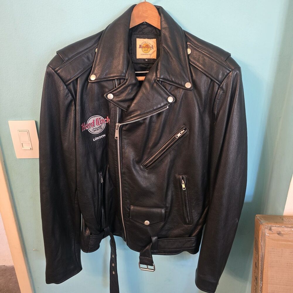 Hard Rock Cafe London Vintage Leather Biker Jacket Medium Black Full Zip